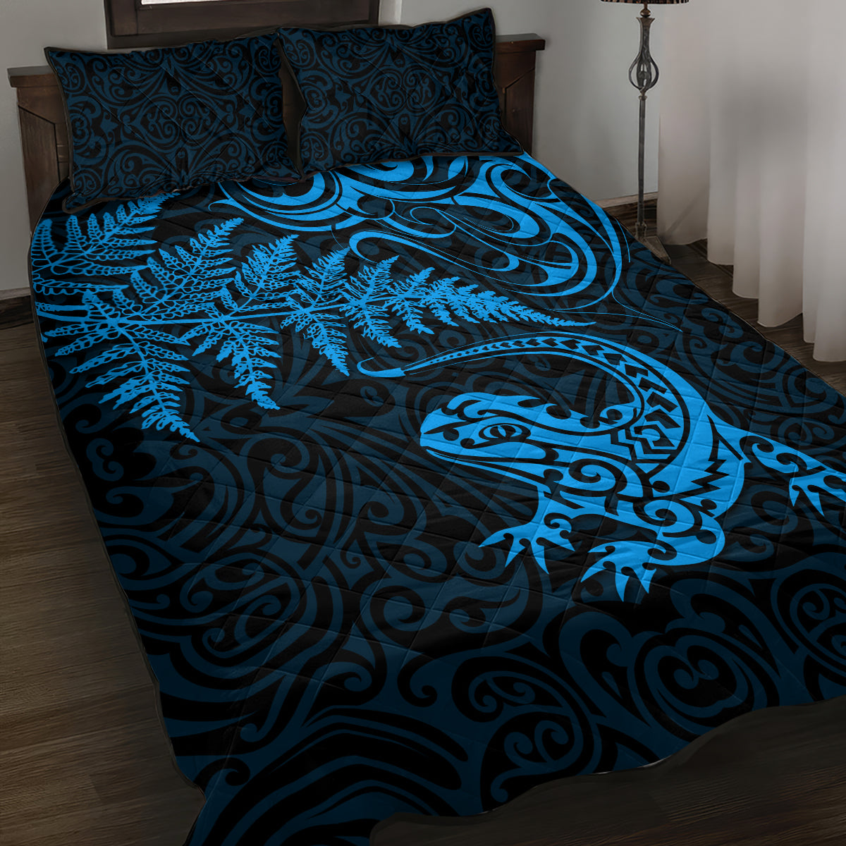 New Zealand Tuatara Tribal Tattoo Quilt Bed Set Silver Fern and Maori Pattern Blue Color