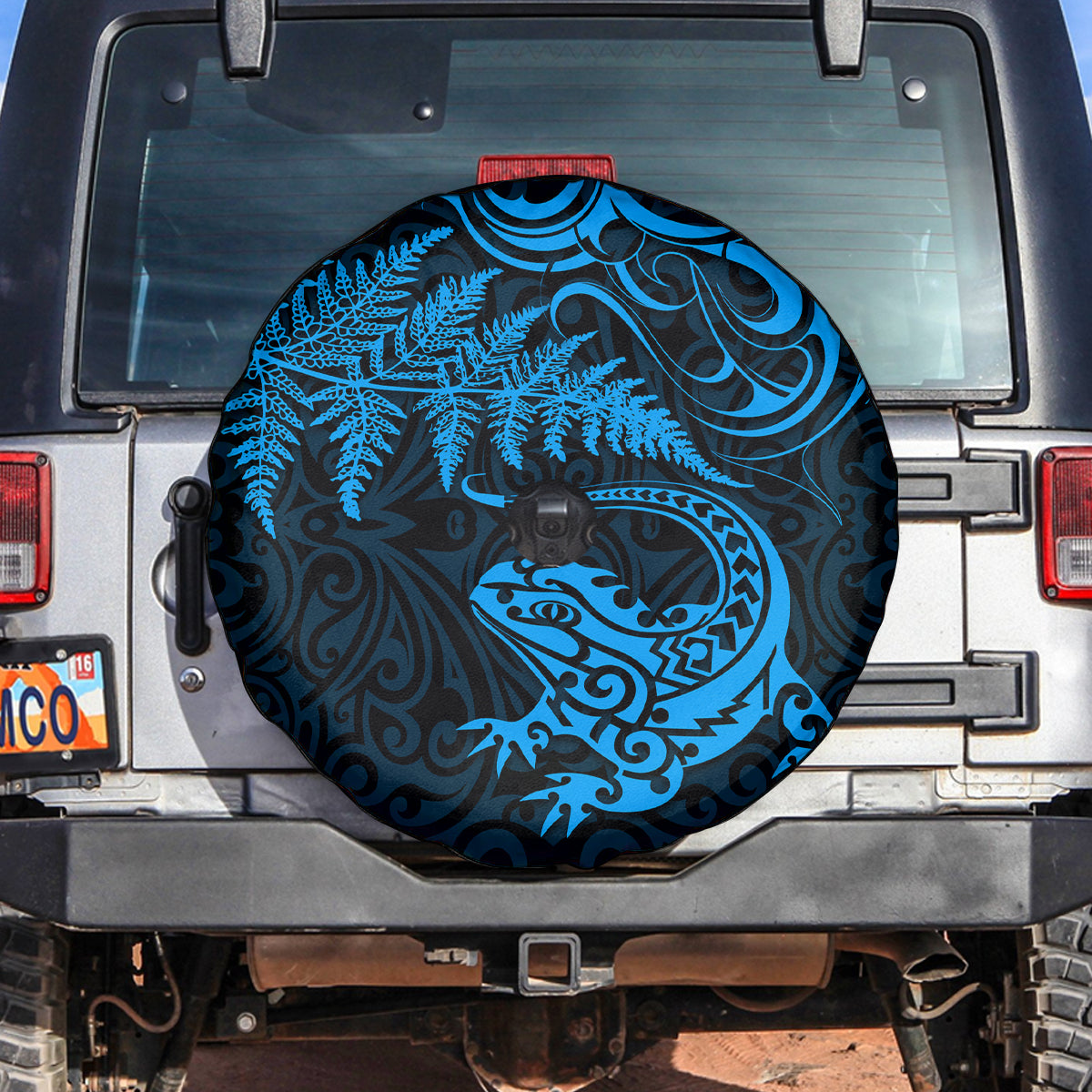 New Zealand Tuatara Tribal Tattoo Spare Tire Cover Silver Fern and Maori Pattern Blue Color