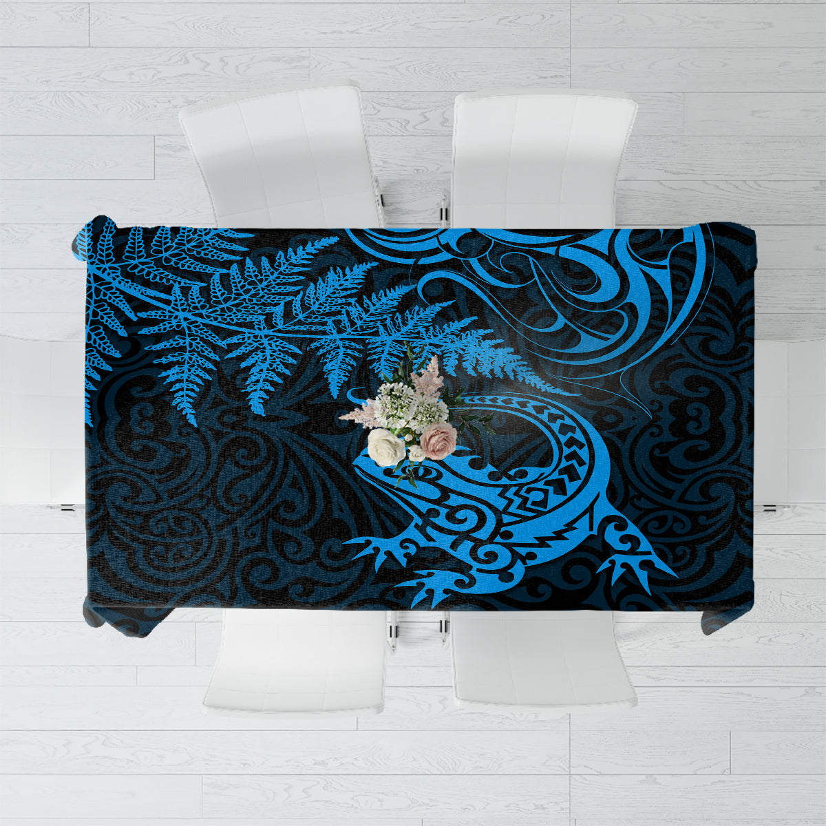 New Zealand Tuatara Tribal Tattoo Tablecloth Silver Fern and Maori Pattern Blue Color LT03 Blue - Polynesian Pride