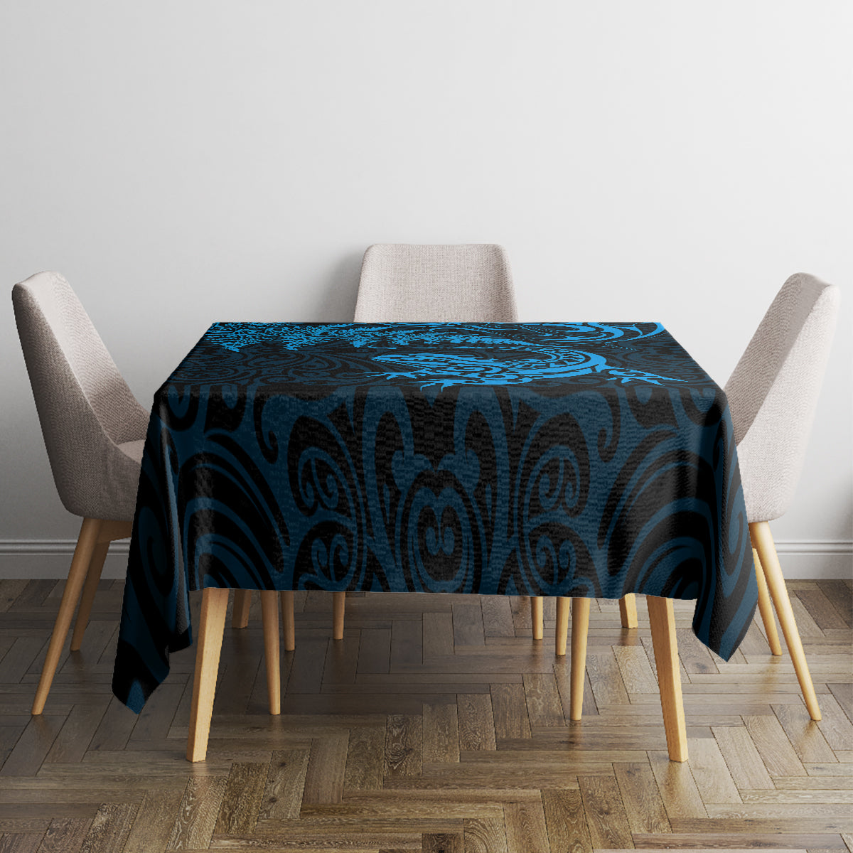 New Zealand Tuatara Tribal Tattoo Tablecloth Silver Fern and Maori Pattern Blue Color LT03 - Polynesian Pride