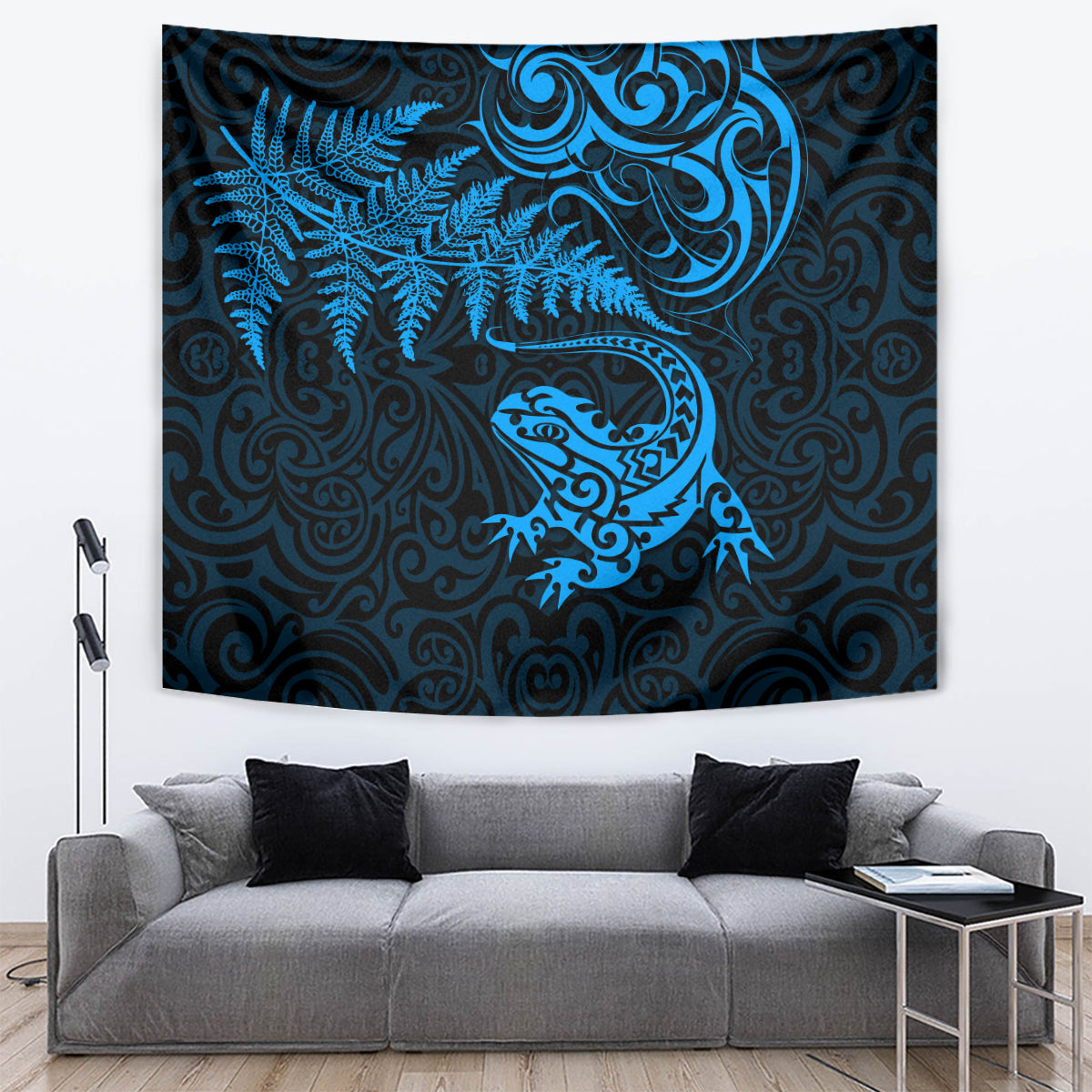 New Zealand Tuatara Tribal Tattoo Tapestry Silver Fern and Maori Pattern Blue Color