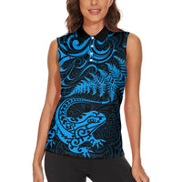 New Zealand Tuatara Tribal Tattoo Women Sleeveless Polo Shirt Silver Fern and Maori Pattern Blue Color