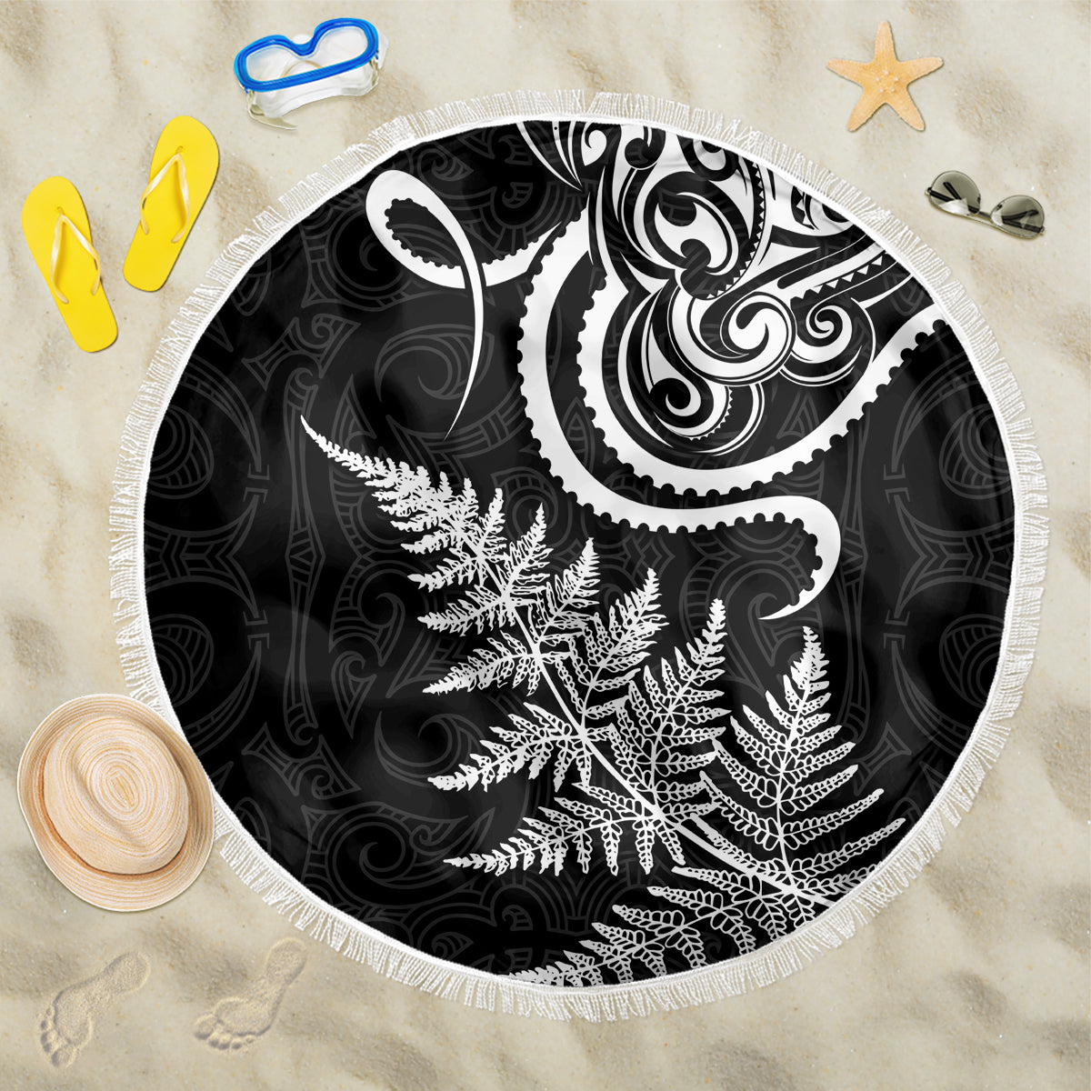 New Zealand Octopus Tattoo and Fern Beach Blanket Maori Pattern LT03 One Size 150cm Black - Polynesian Pride