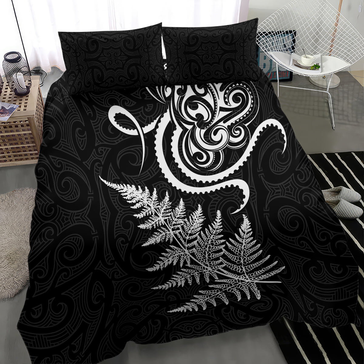 New Zealand Octopus Tattoo and Fern Bedding Set Maori Pattern