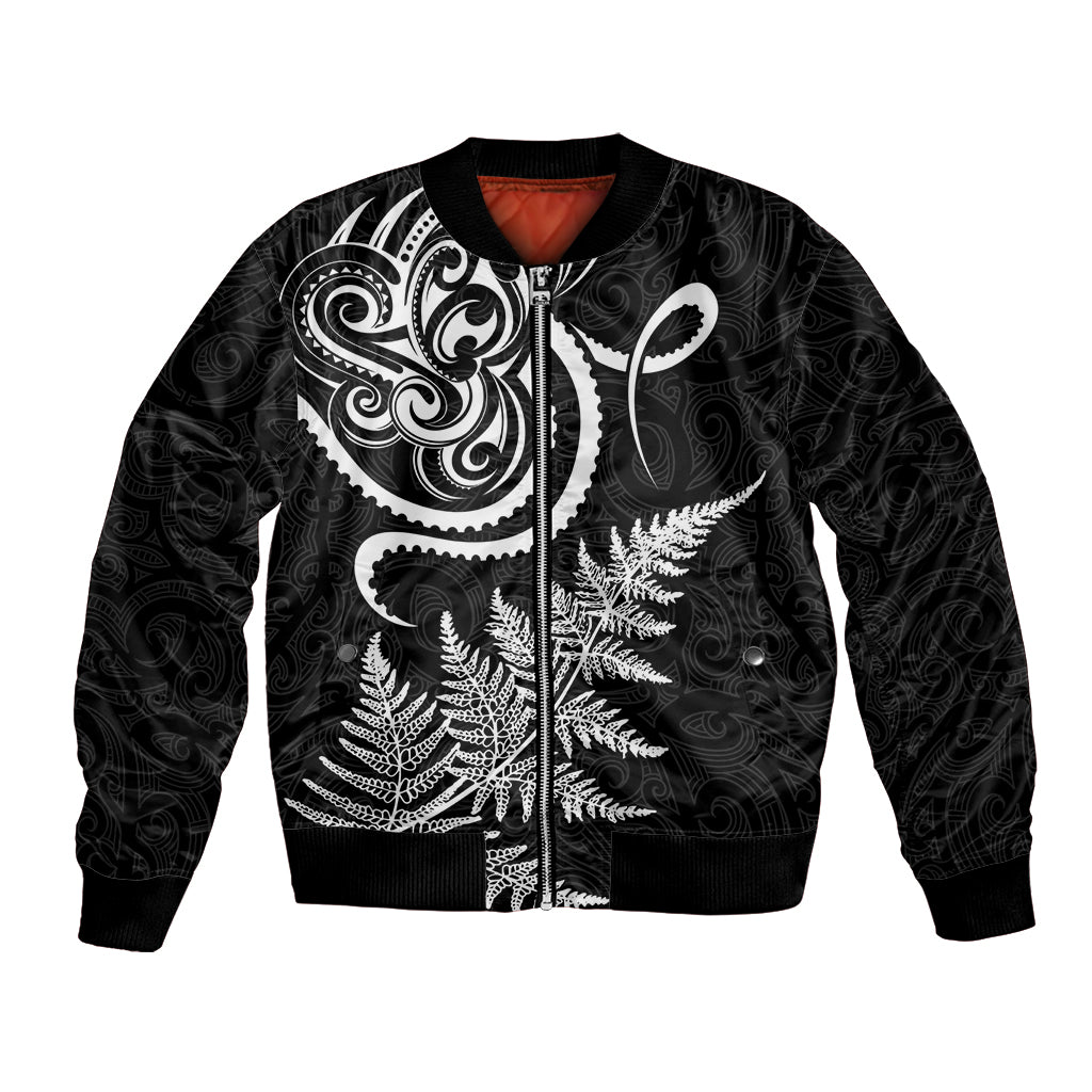 New Zealand Octopus Tattoo and Fern Bomber Jacket Maori Pattern LT03 Unisex Black - Polynesian Pride