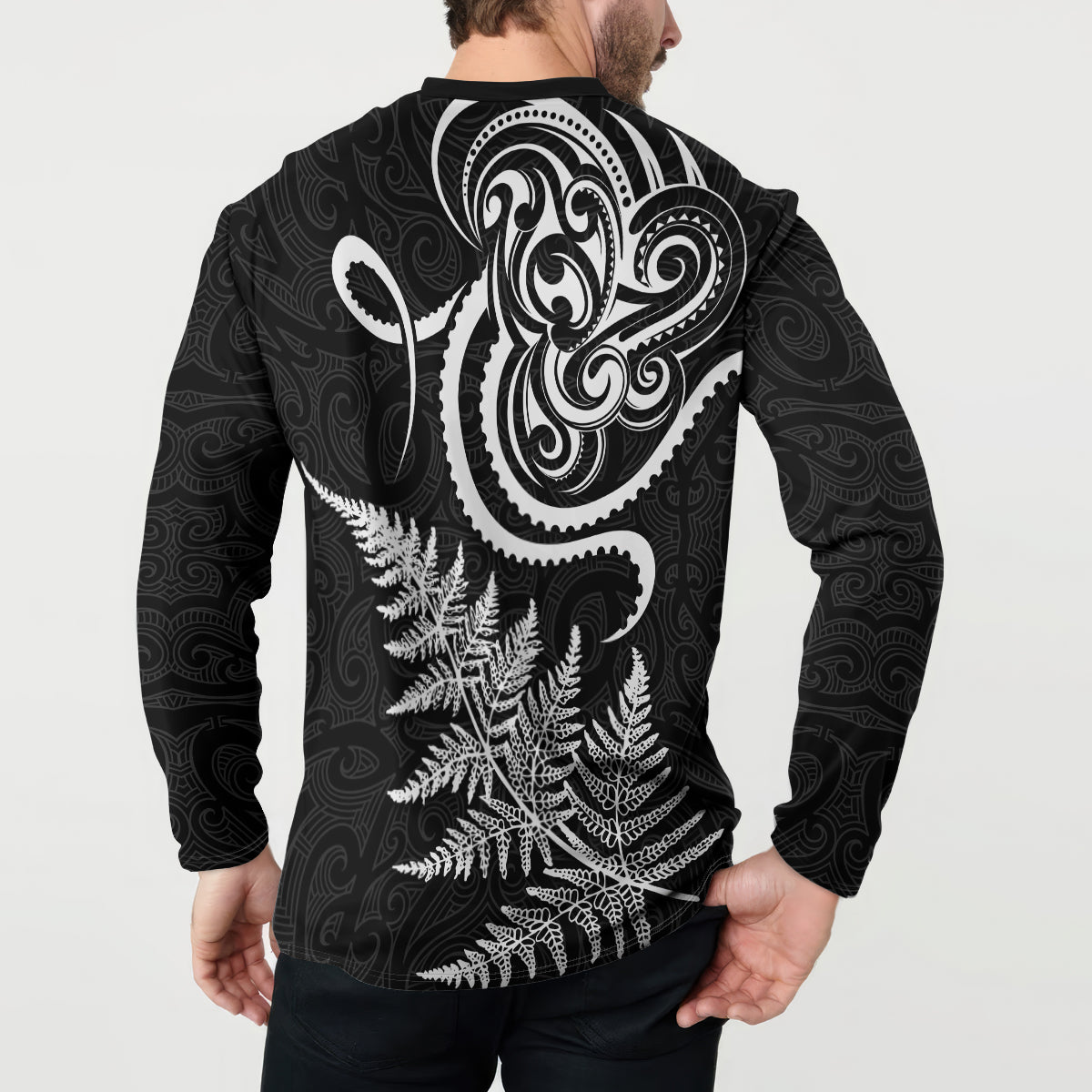 New Zealand Octopus Tattoo and Fern Button Sweatshirt Maori Pattern LT03 - Polynesian Pride