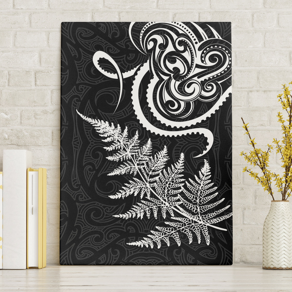 New Zealand Octopus Tattoo and Fern Canvas Wall Art Maori Pattern LT03 Without Frame Black - Polynesian Pride