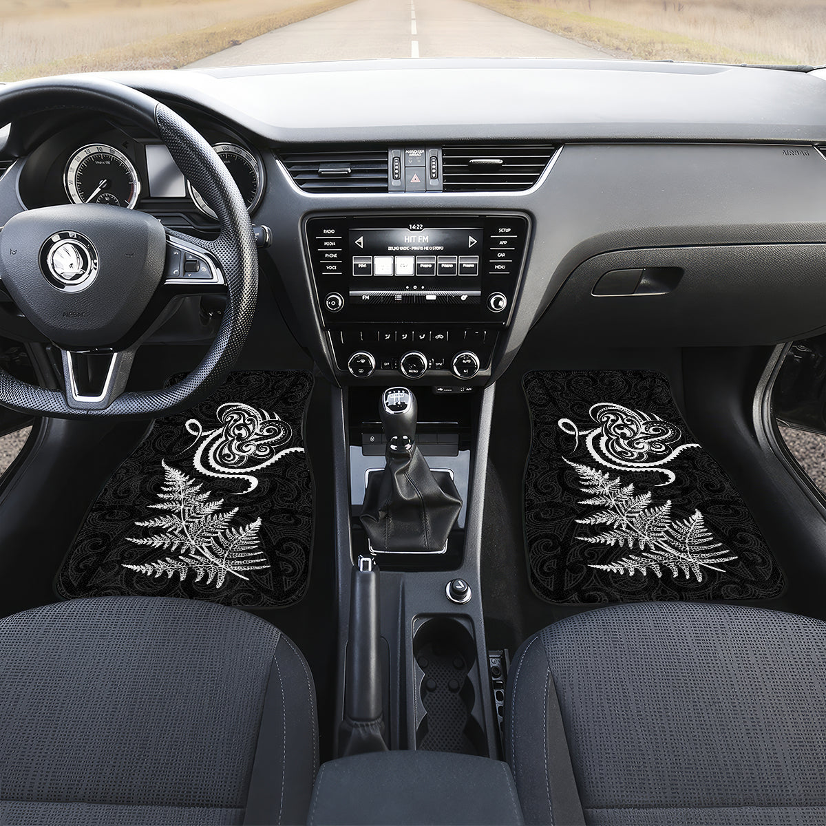 New Zealand Octopus Tattoo and Fern Car Mats Maori Pattern LT03 Set 2pcs - Front Black - Polynesian Pride