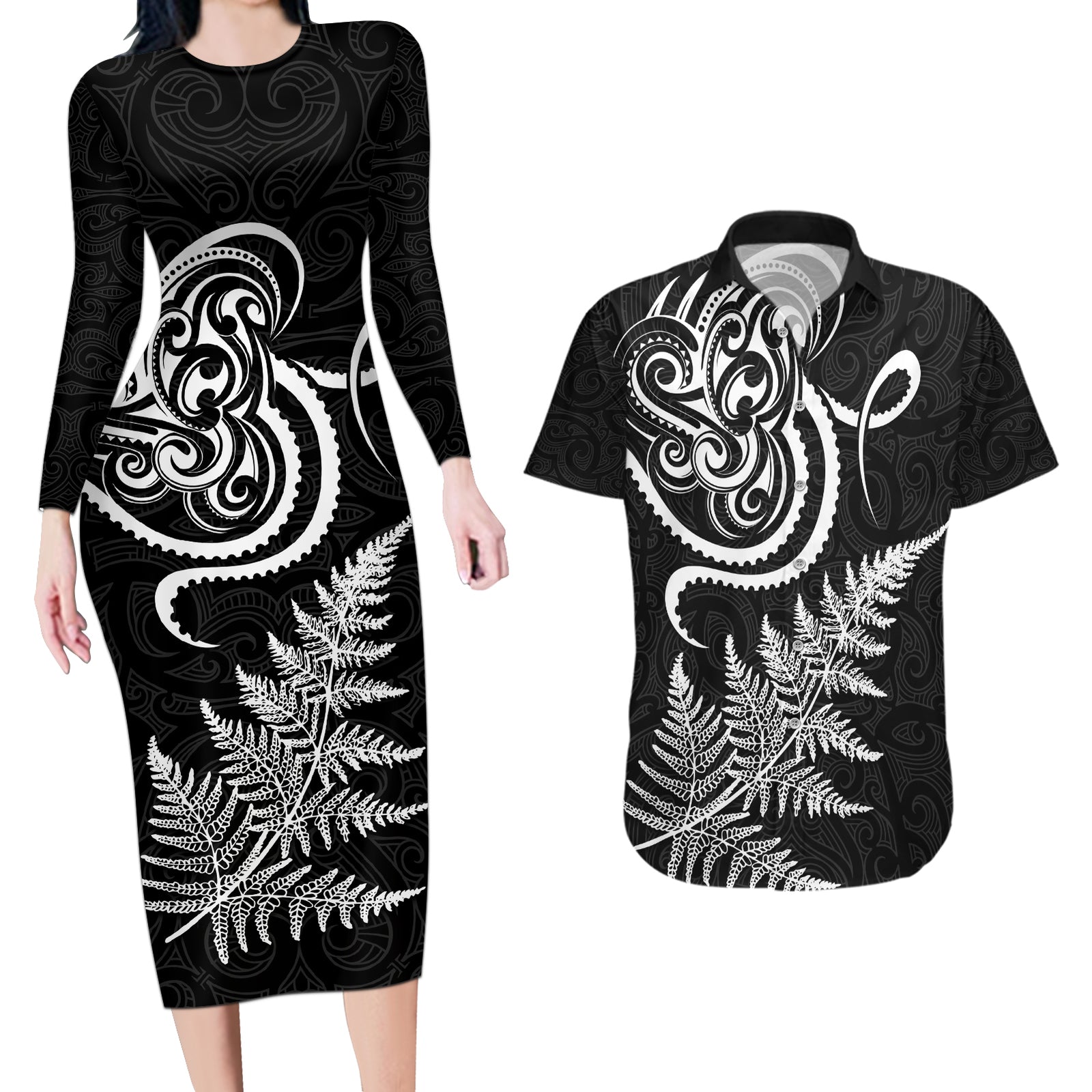 New Zealand Octopus Tattoo and Fern Couples Matching Long Sleeve Bodycon Dress and Hawaiian Shirt Maori Pattern LT03 Black - Polynesian Pride