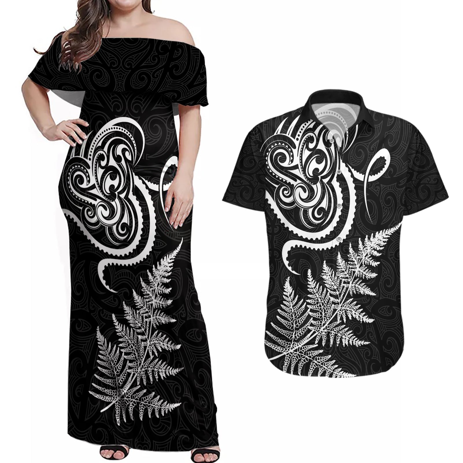 New Zealand Octopus Tattoo and Fern Couples Matching Off Shoulder Maxi Dress and Hawaiian Shirt Maori Pattern