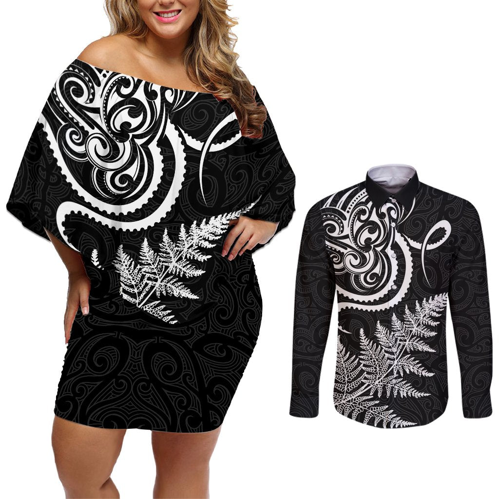 New Zealand Octopus Tattoo and Fern Couples Matching Off Shoulder Short Dress and Long Sleeve Button Shirt Maori Pattern LT03 Black - Polynesian Pride