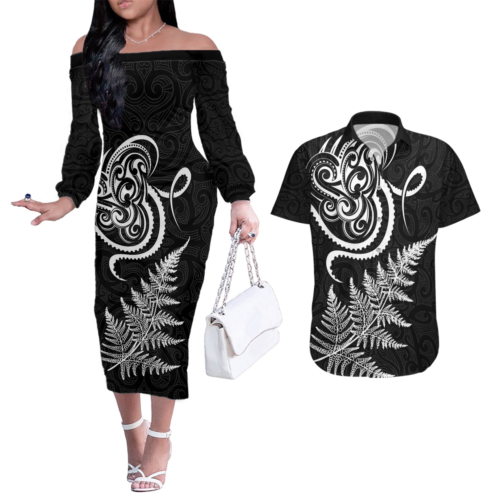 New Zealand Octopus Tattoo and Fern Couples Matching Off The Shoulder Long Sleeve Dress and Hawaiian Shirt Maori Pattern LT03 Black - Polynesian Pride