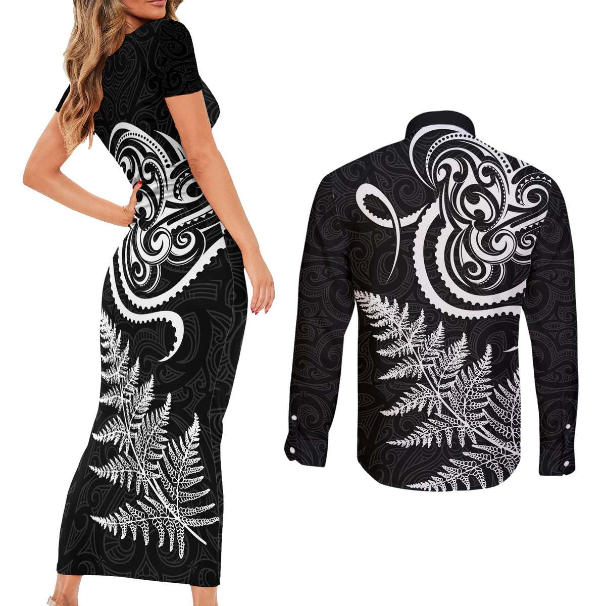 New Zealand Octopus Tattoo and Fern Couples Matching Short Sleeve Bodycon Dress and Long Sleeve Button Shirt Maori Pattern