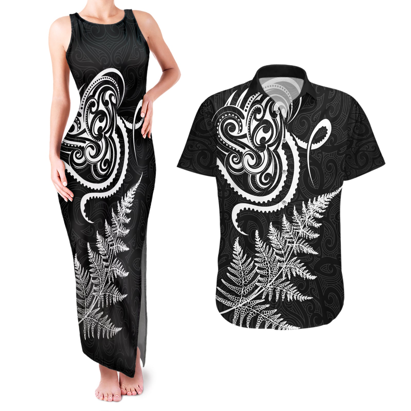 New Zealand Octopus Tattoo and Fern Couples Matching Tank Maxi Dress and Hawaiian Shirt Maori Pattern LT03 Black - Polynesian Pride