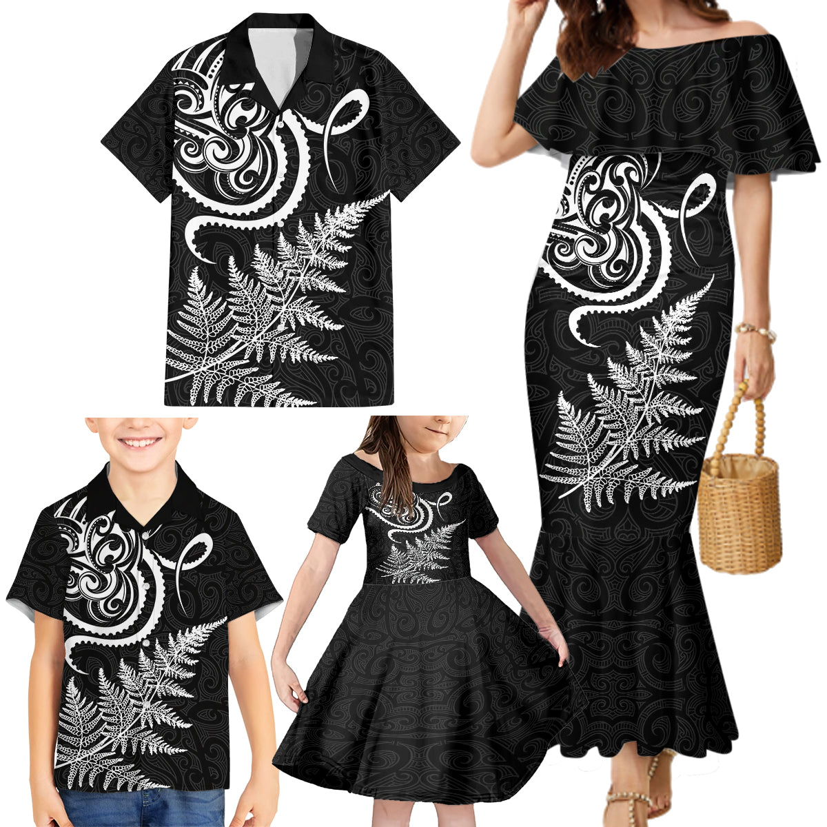 New Zealand Octopus Tattoo and Fern Family Matching Mermaid Dress and Hawaiian Shirt Maori Pattern LT03 - Polynesian Pride