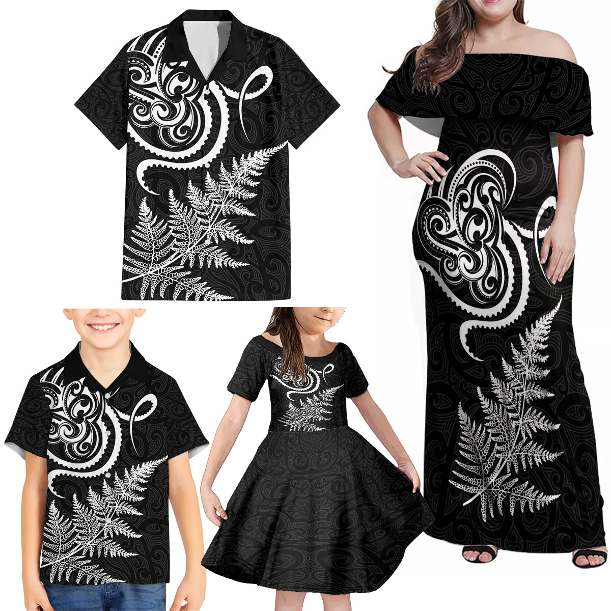 New Zealand Octopus Tattoo and Fern Family Matching Off Shoulder Maxi Dress and Hawaiian Shirt Maori Pattern