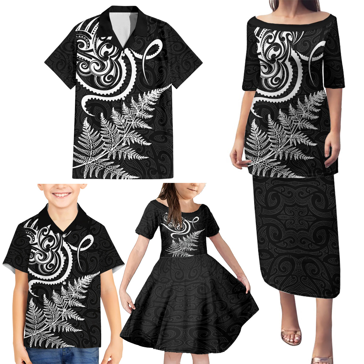 New Zealand Octopus Tattoo and Fern Family Matching Puletasi and Hawaiian Shirt Maori Pattern LT03 - Polynesian Pride