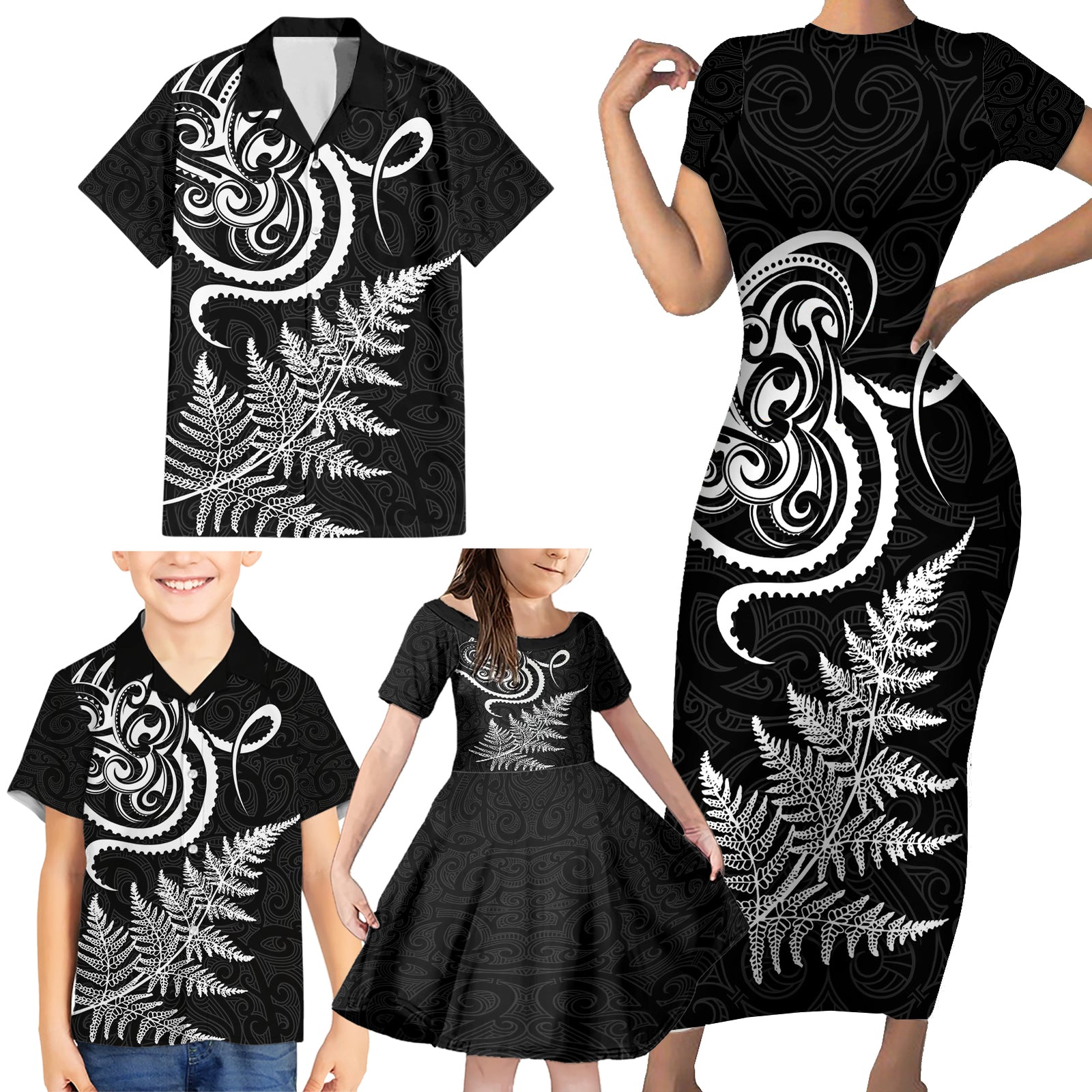New Zealand Octopus Tattoo and Fern Family Matching Short Sleeve Bodycon Dress and Hawaiian Shirt Maori Pattern LT03 - Polynesian Pride