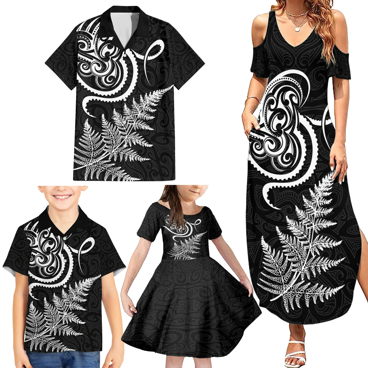 New Zealand Octopus Tattoo and Fern Family Matching Summer Maxi Dress and Hawaiian Shirt Maori Pattern LT03 - Polynesian Pride