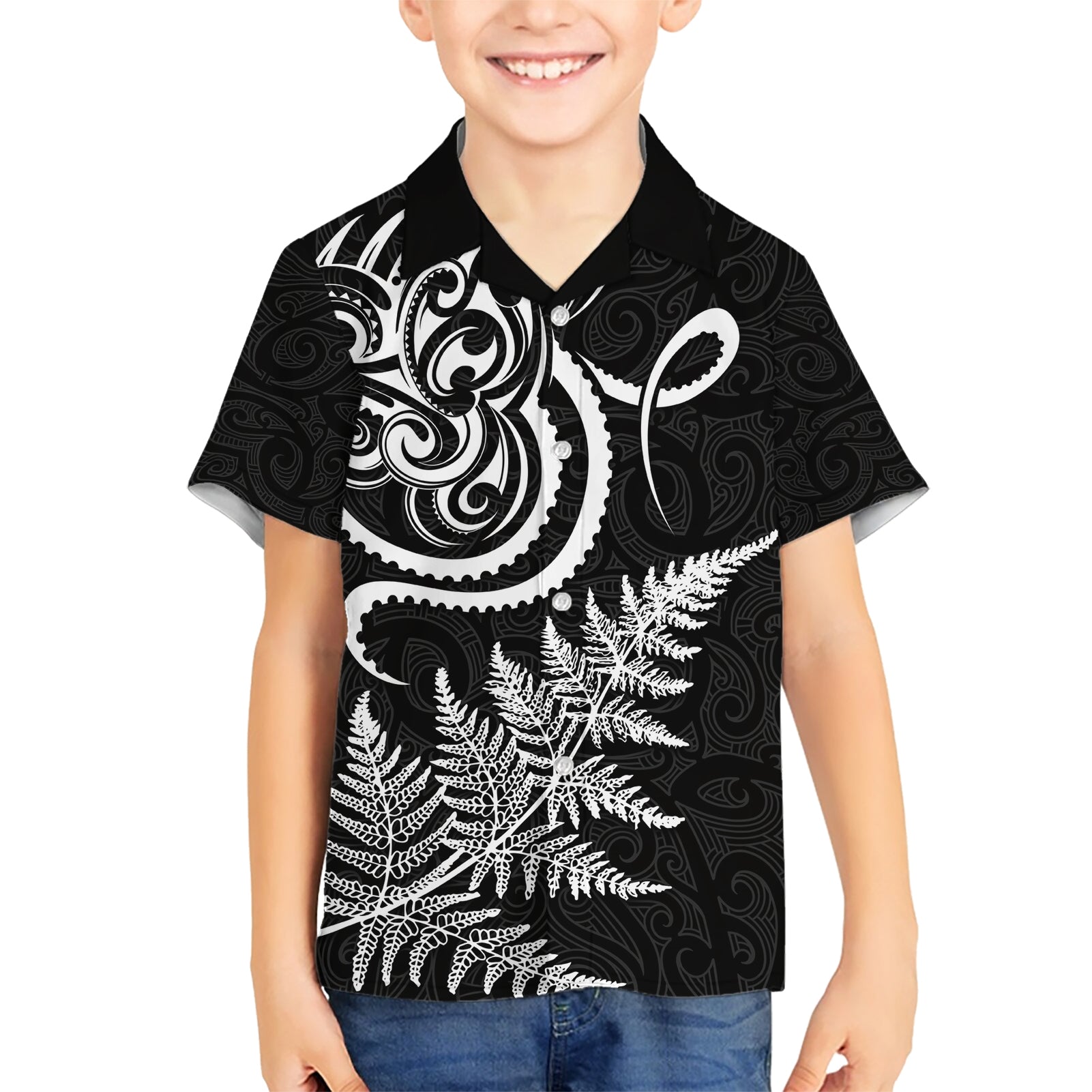 New Zealand Octopus Tattoo and Fern Kid Hawaiian Shirt Maori Pattern