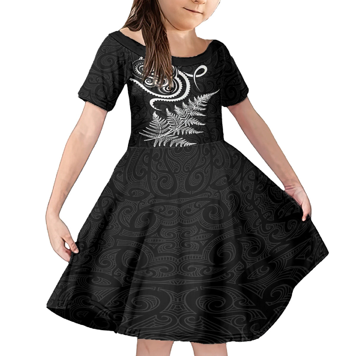 New Zealand Octopus Tattoo and Fern Kid Short Sleeve Dress Maori Pattern