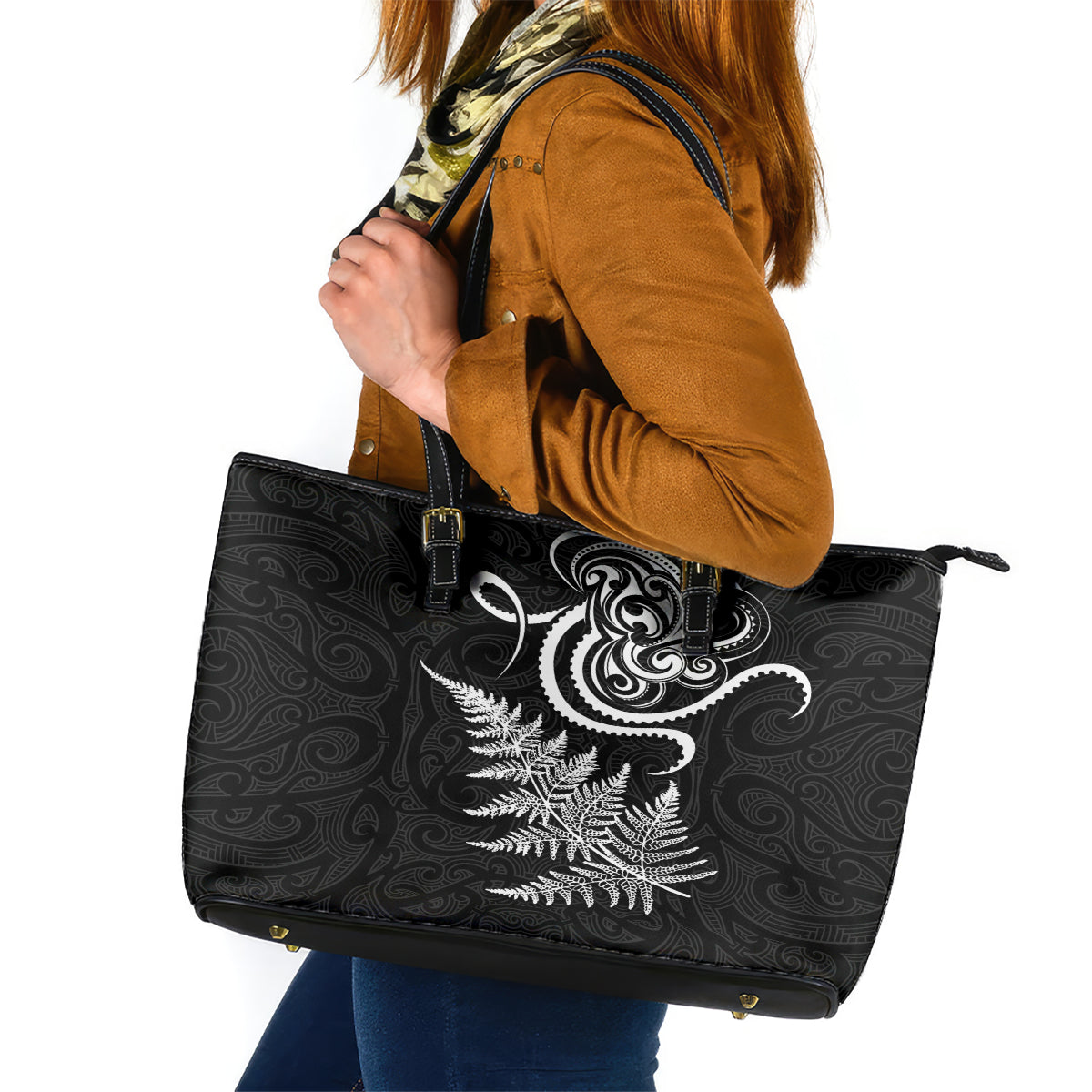 New Zealand Octopus Tattoo and Fern Leather Tote Bag Maori Pattern LT03 Black - Polynesian Pride