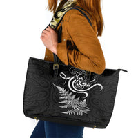 New Zealand Octopus Tattoo and Fern Leather Tote Bag Maori Pattern LT03 Black - Polynesian Pride