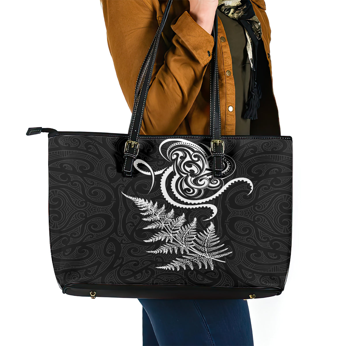 New Zealand Octopus Tattoo and Fern Leather Tote Bag Maori Pattern LT03 - Polynesian Pride