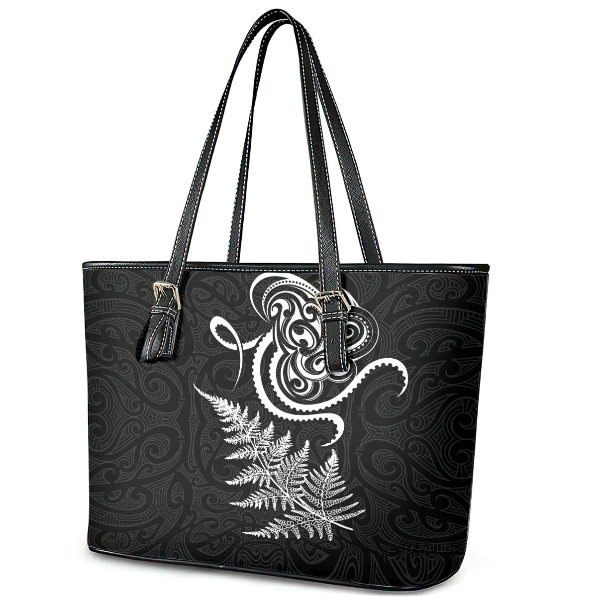 New Zealand Octopus Tattoo and Fern Leather Tote Bag Maori Pattern LT03 - Polynesian Pride