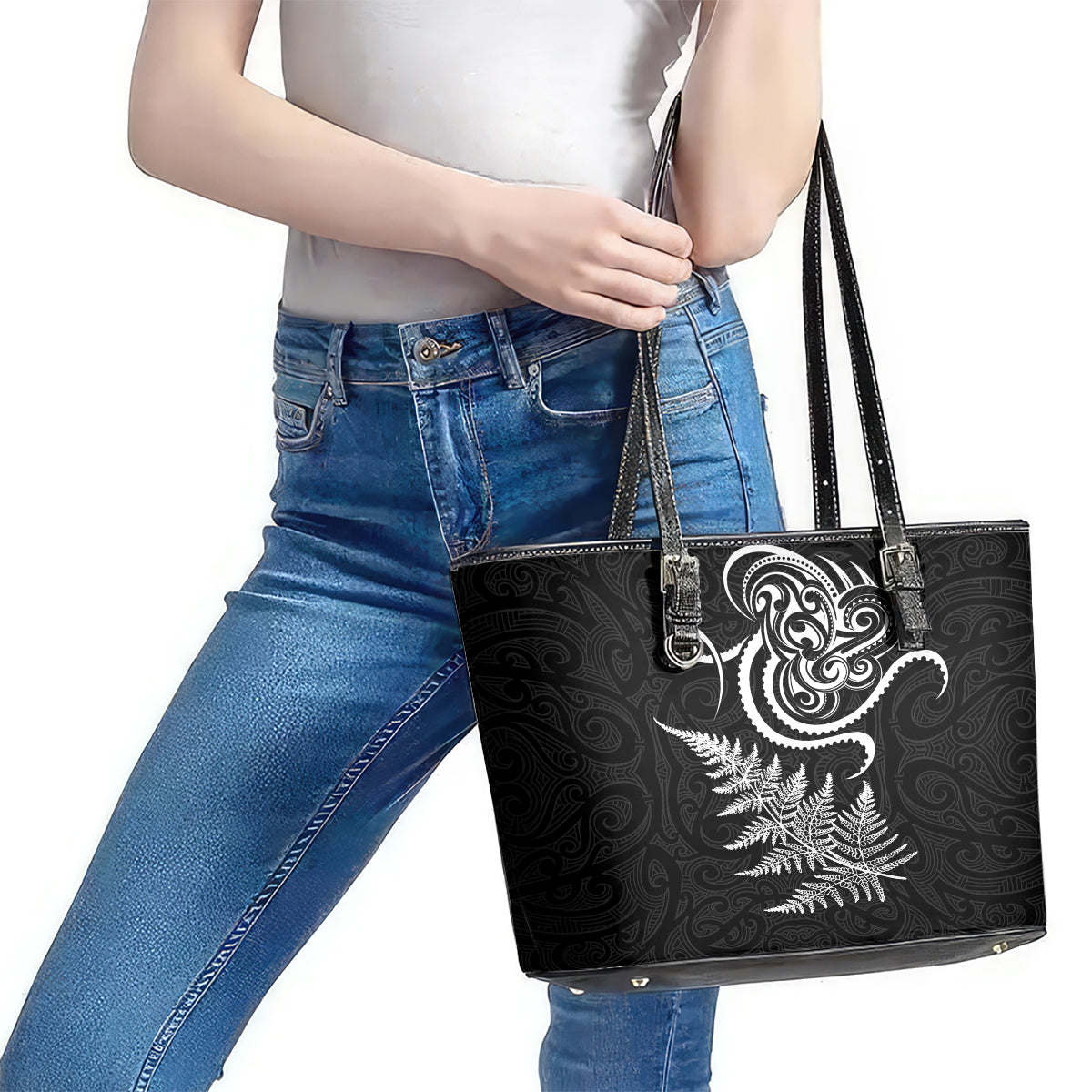New Zealand Octopus Tattoo and Fern Leather Tote Bag Maori Pattern LT03 - Polynesian Pride