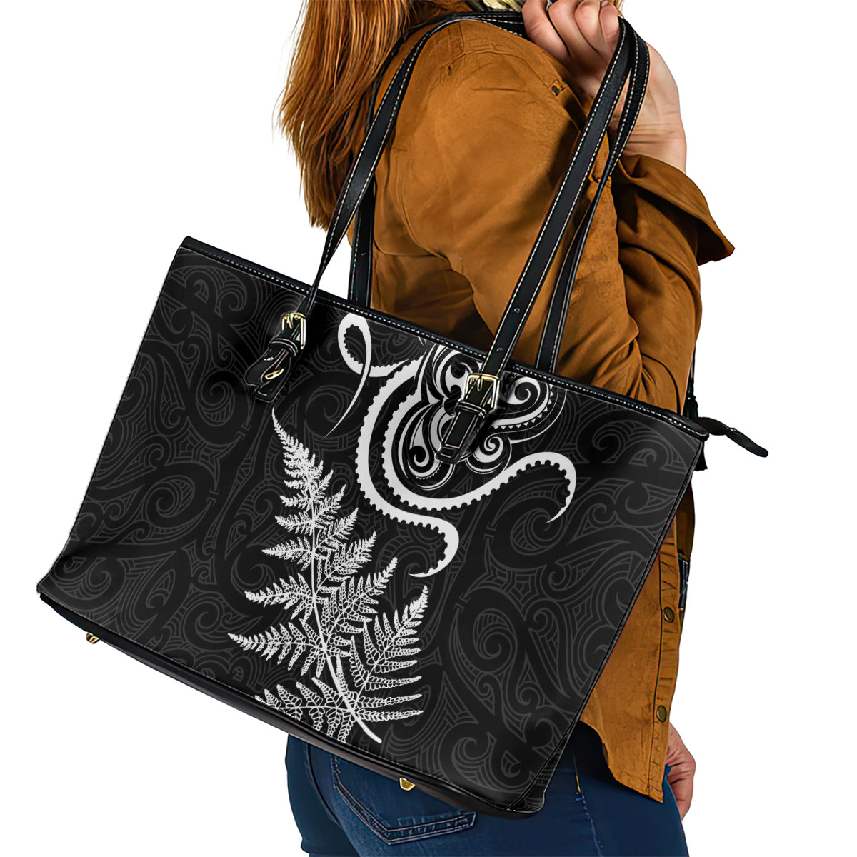 New Zealand Octopus Tattoo and Fern Leather Tote Bag Maori Pattern LT03 - Polynesian Pride