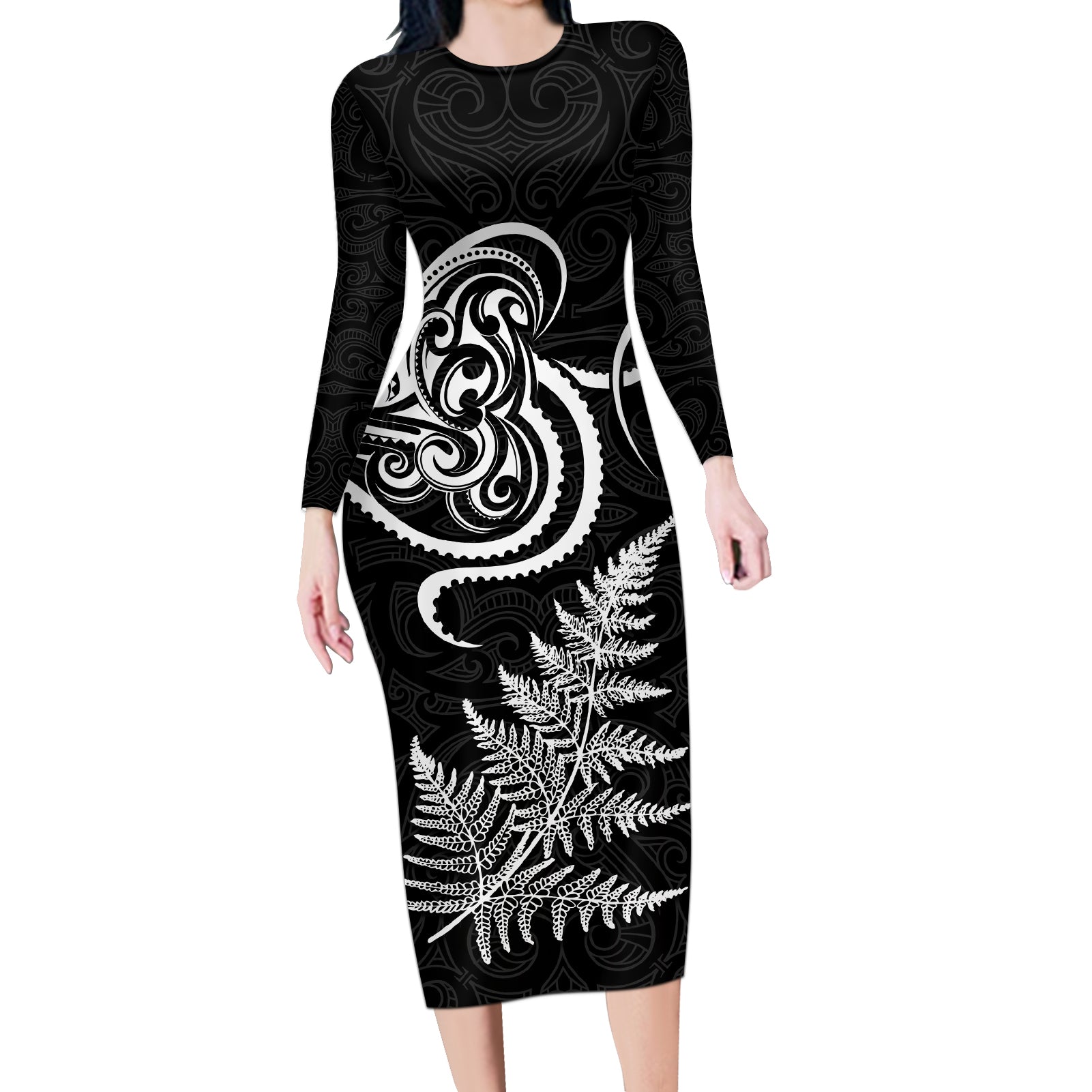 New Zealand Octopus Tattoo and Fern Long Sleeve Bodycon Dress Maori Pattern