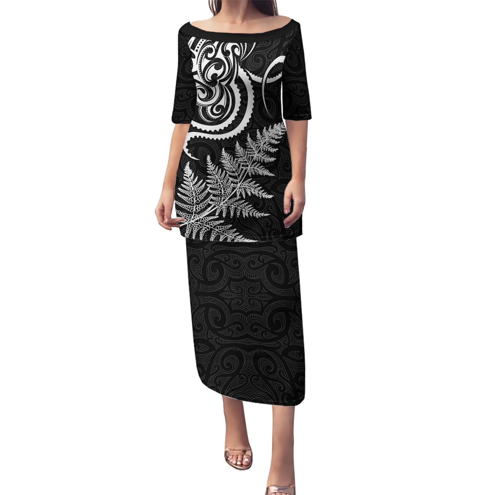 New Zealand Octopus Tattoo and Fern Puletasi Maori Pattern LT03 Long Dress Black - Polynesian Pride