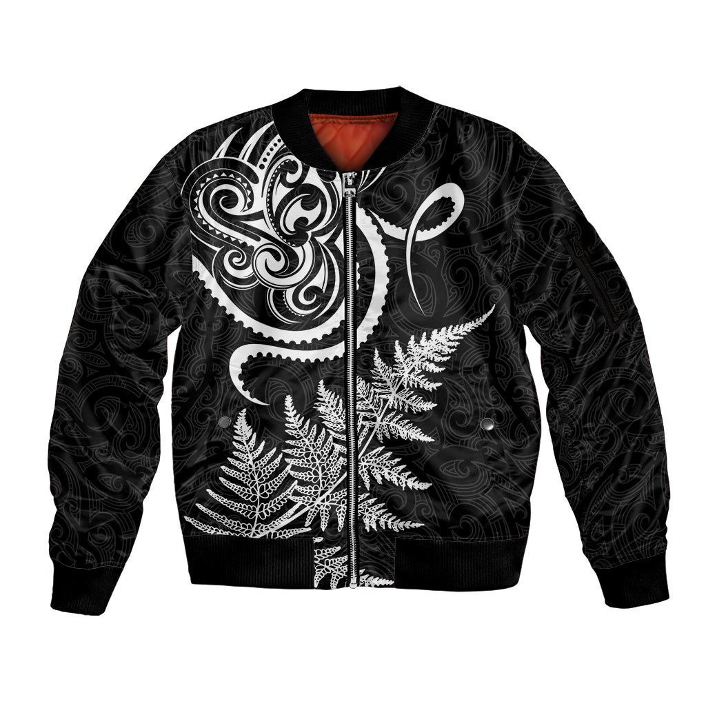 New Zealand Octopus Tattoo and Fern Sleeve Zip Bomber Jacket Maori Pattern LT03 Unisex Black - Polynesian Pride