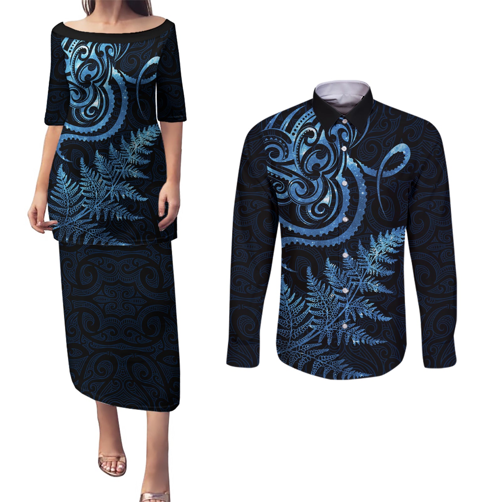 New Zealand Octopus Tattoo and Fern Couples Matching Puletasi and Long Sleeve Button Shirt Maori Pattern Matariki Style