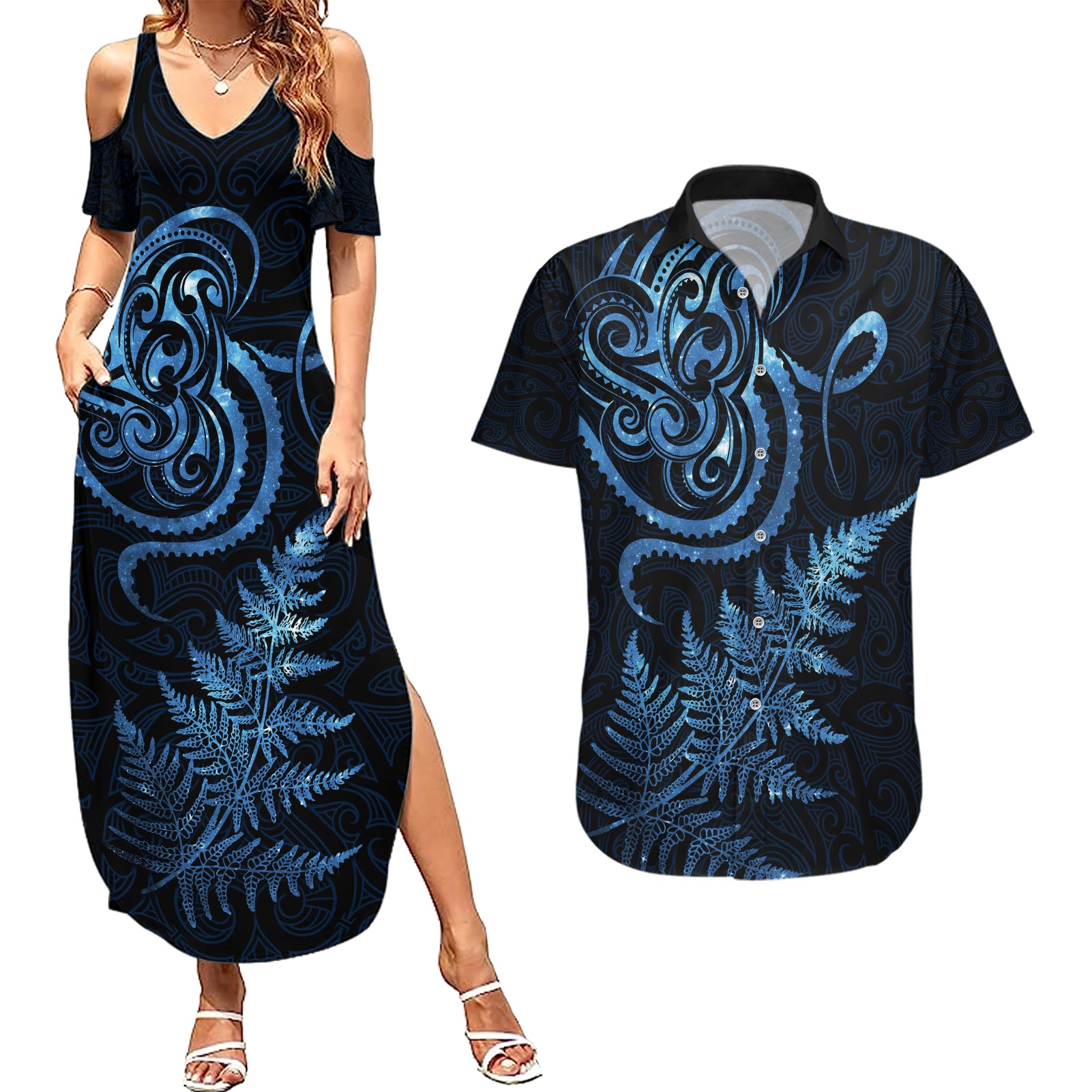 New Zealand Octopus Tattoo and Fern Couples Matching Summer Maxi Dress and Hawaiian Shirt Maori Pattern Matariki Style