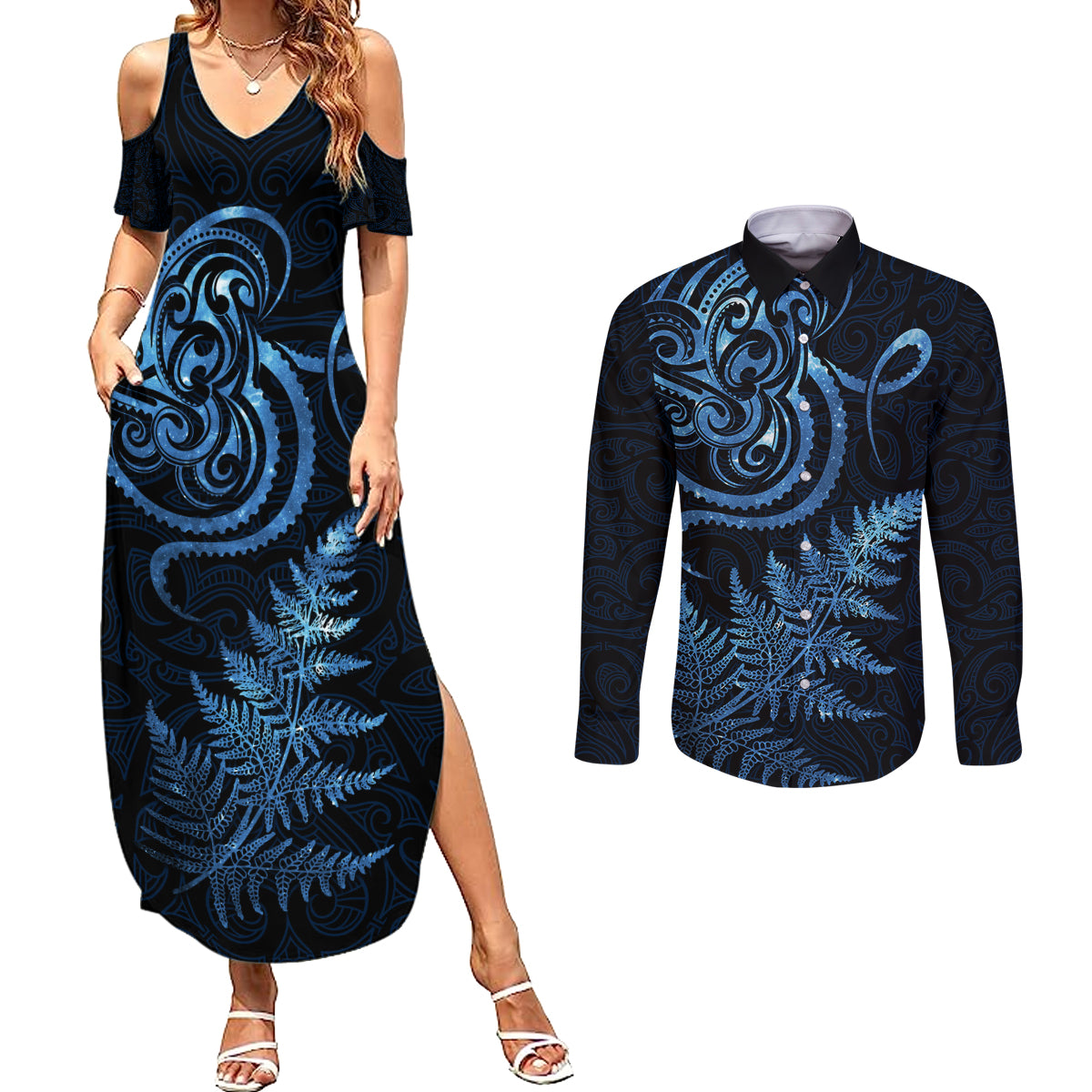 New Zealand Octopus Tattoo and Fern Couples Matching Summer Maxi Dress and Long Sleeve Button Shirt Maori Pattern Matariki Style