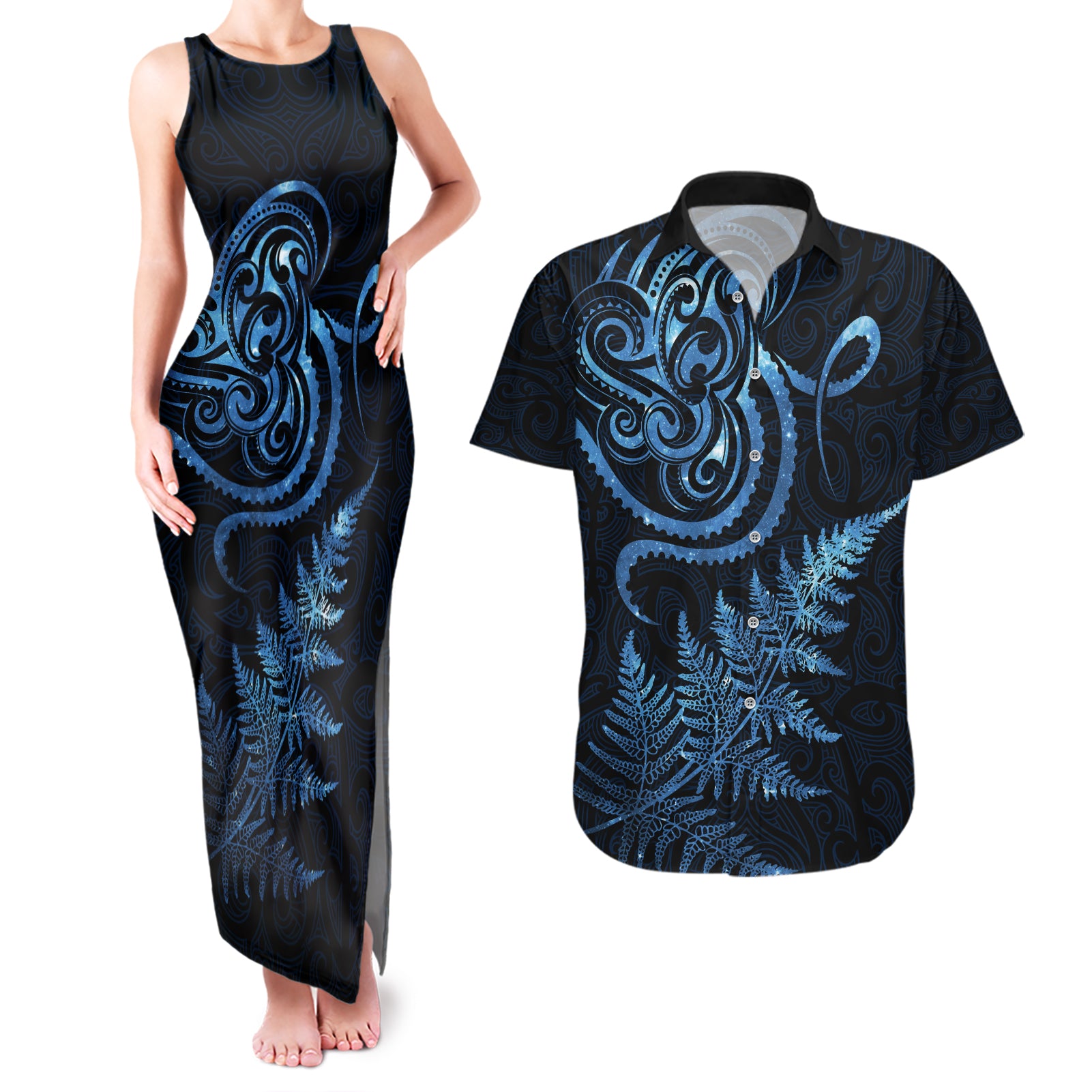 New Zealand Octopus Tattoo and Fern Couples Matching Tank Maxi Dress and Hawaiian Shirt Maori Pattern Matariki Style