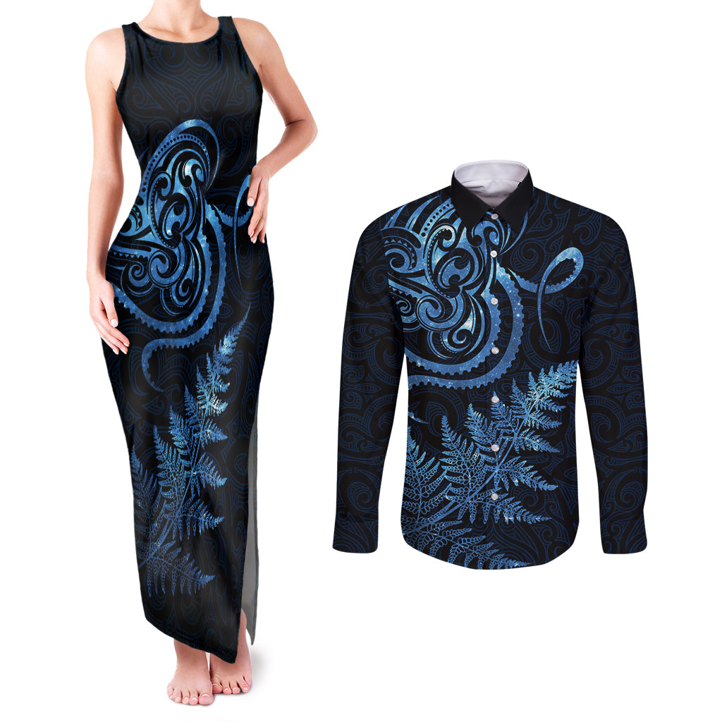 New Zealand Octopus Tattoo and Fern Couples Matching Tank Maxi Dress and Long Sleeve Button Shirt Maori Pattern Matariki Style