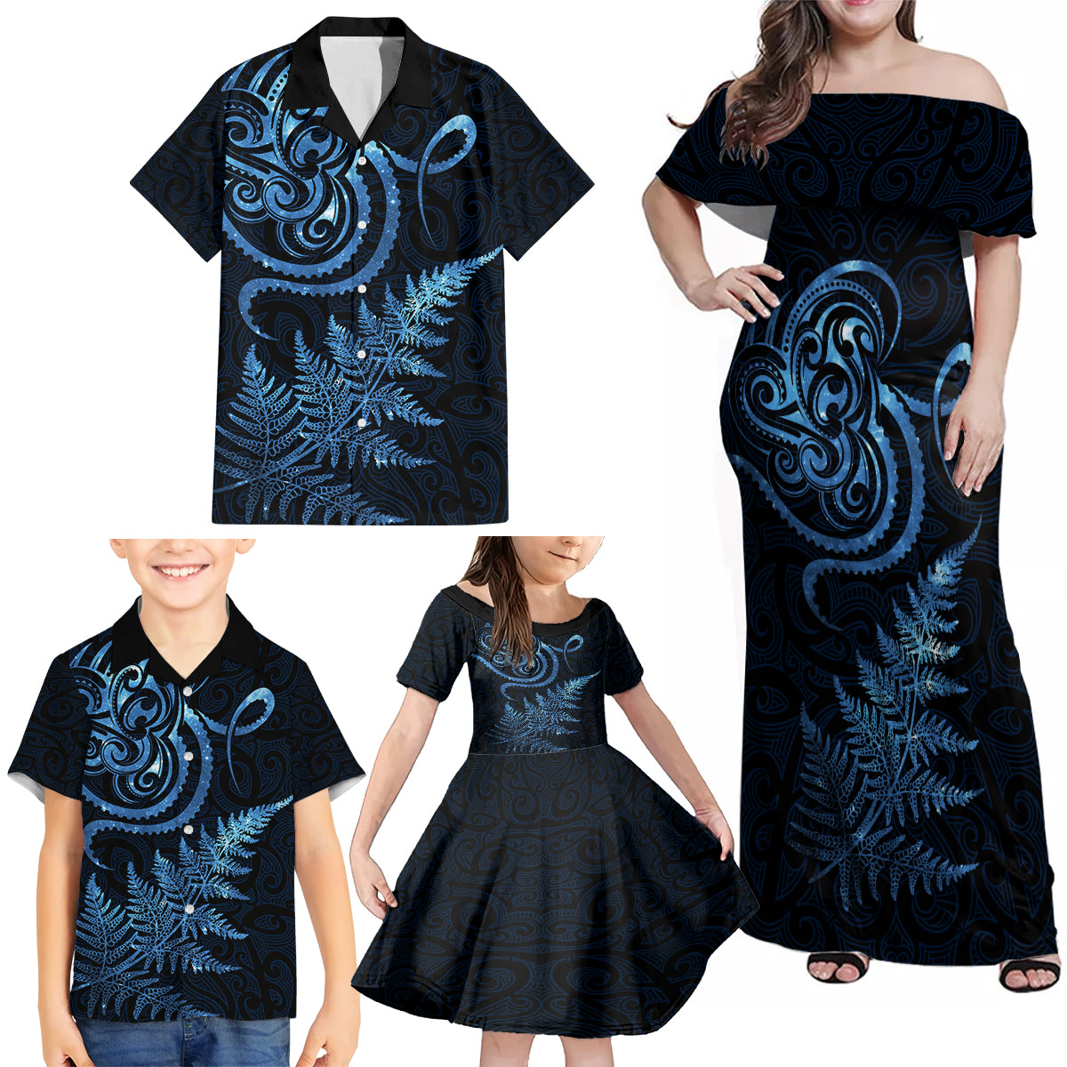 New Zealand Octopus Tattoo and Fern Family Matching Off Shoulder Maxi Dress and Hawaiian Shirt Maori Pattern Matariki Style