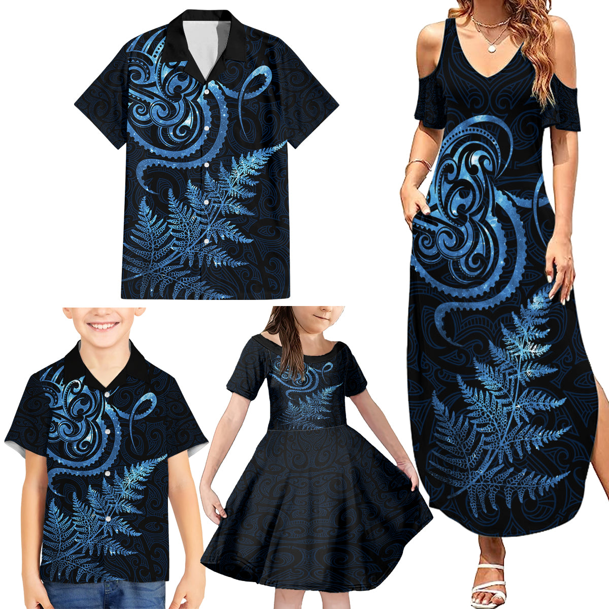 New Zealand Octopus Tattoo and Fern Family Matching Summer Maxi Dress and Hawaiian Shirt Maori Pattern Matariki Style