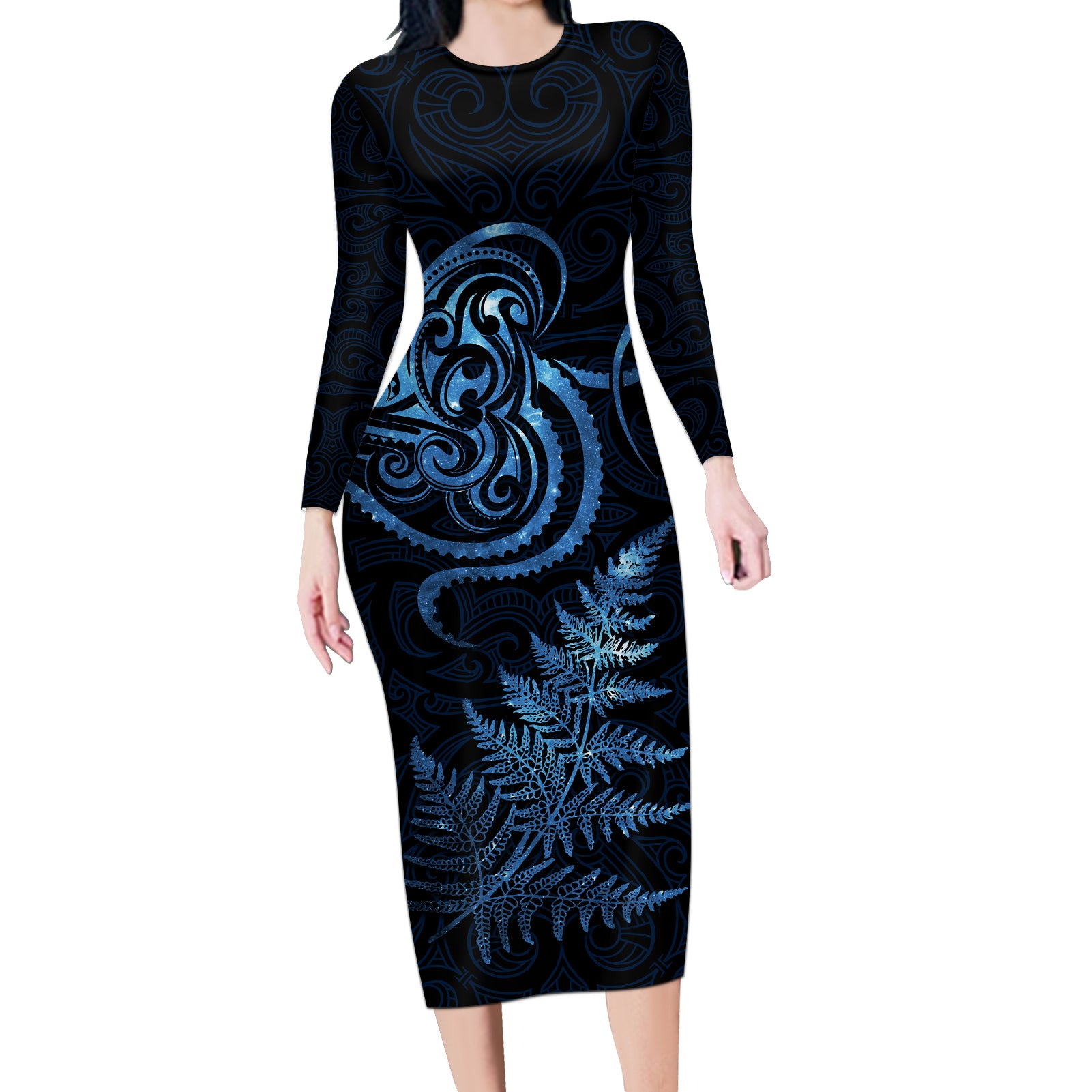 New Zealand Octopus Tattoo and Fern Long Sleeve Bodycon Dress Maori Pattern Matariki Style