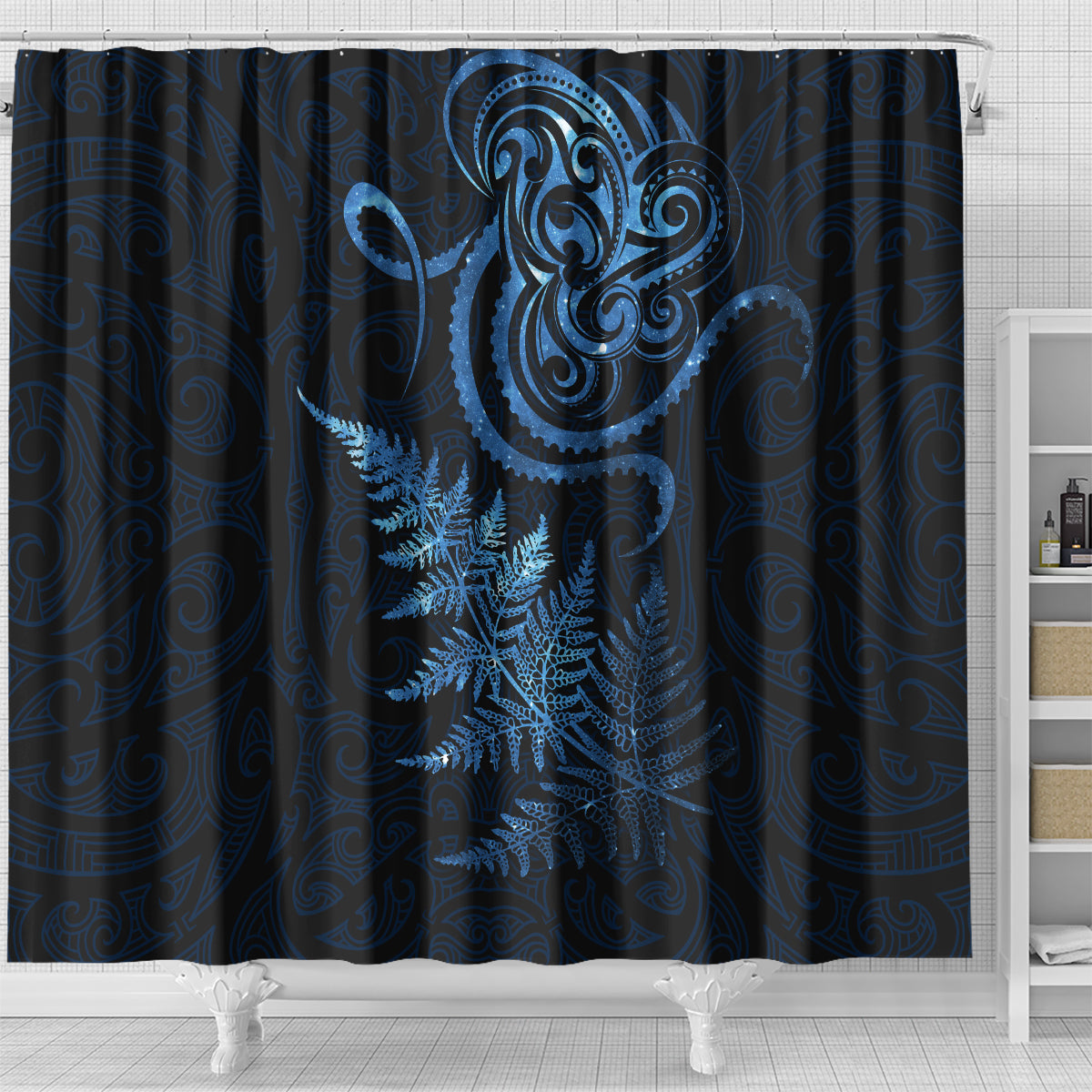 New Zealand Octopus Tattoo and Fern Shower Curtain Maori Pattern Matariki Style
