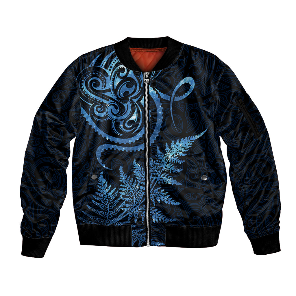 New Zealand Octopus Tattoo and Fern Sleeve Zip Bomber Jacket Maori Pattern Matariki Style