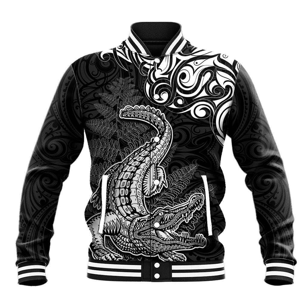 New Zealand Crocodile Tattoo and Fern Baseball Jacket Maori Pattern LT03 Unisex Black - Polynesian Pride