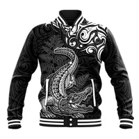 New Zealand Crocodile Tattoo and Fern Baseball Jacket Maori Pattern LT03 Unisex Black - Polynesian Pride