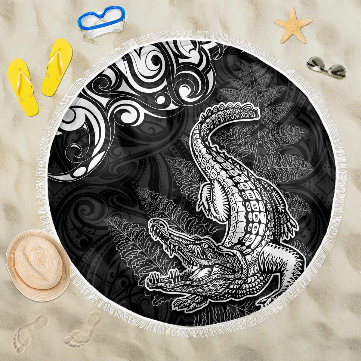 New Zealand Crocodile Tattoo and Fern Beach Blanket Maori Pattern LT03 One Size 150cm Black - Polynesian Pride