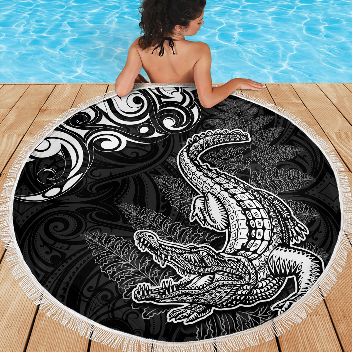 New Zealand Crocodile Tattoo and Fern Beach Blanket Maori Pattern LT03 - Polynesian Pride