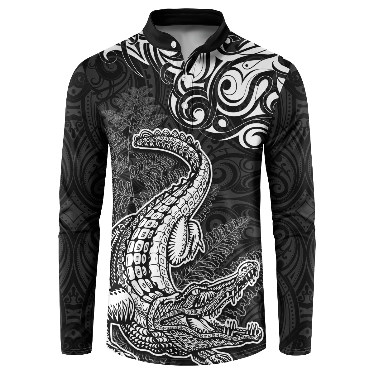 New Zealand Crocodile Tattoo and Fern Button Sweatshirt Maori Pattern LT03 Black - Polynesian Pride
