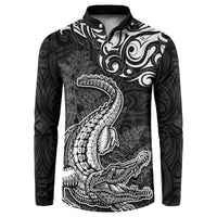 New Zealand Crocodile Tattoo and Fern Button Sweatshirt Maori Pattern LT03 Black - Polynesian Pride